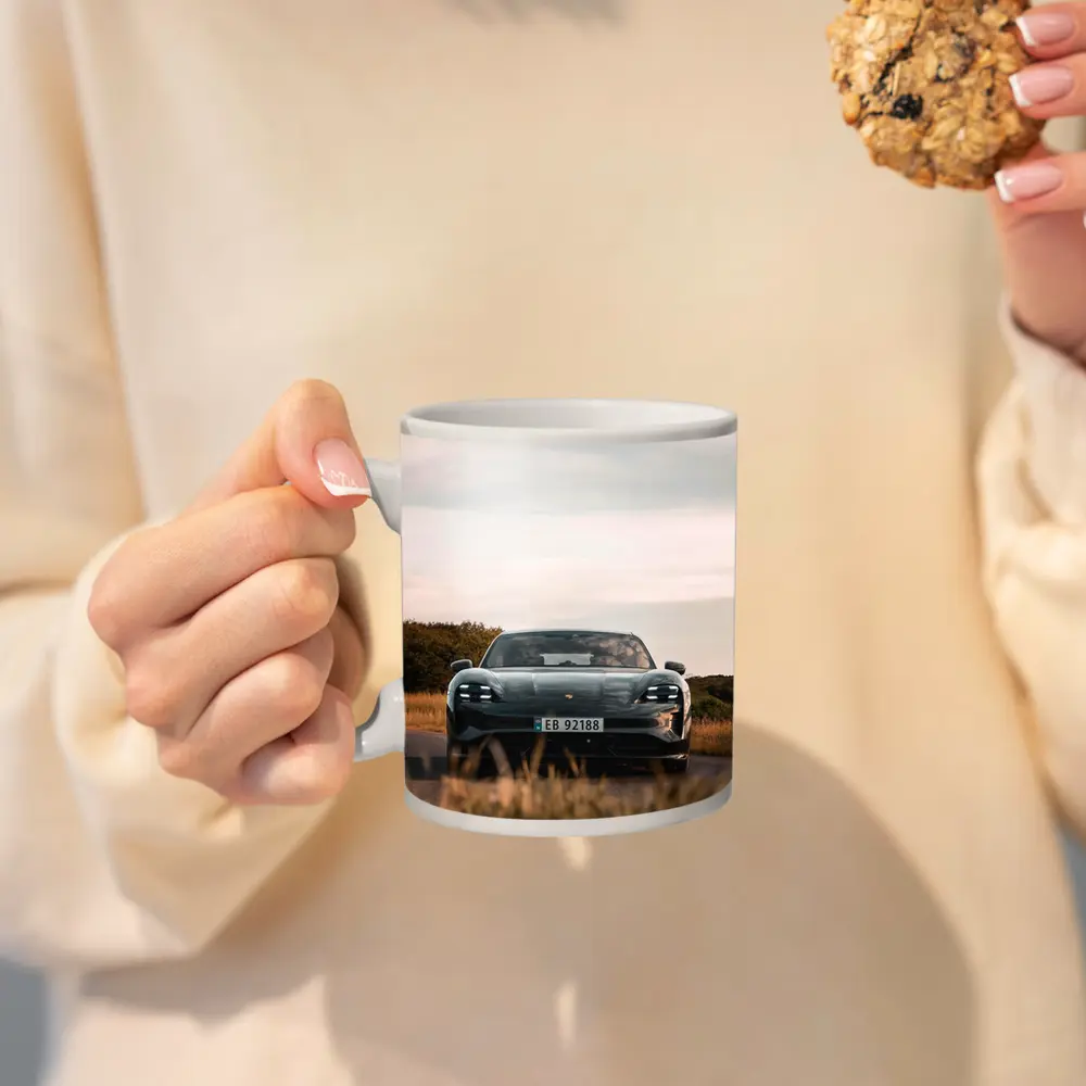 Porsche Taycan Front View Rural Road – Mugs