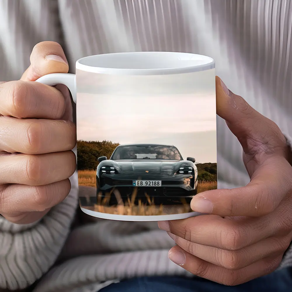 Porsche Taycan Front View Rural Road – Mugs