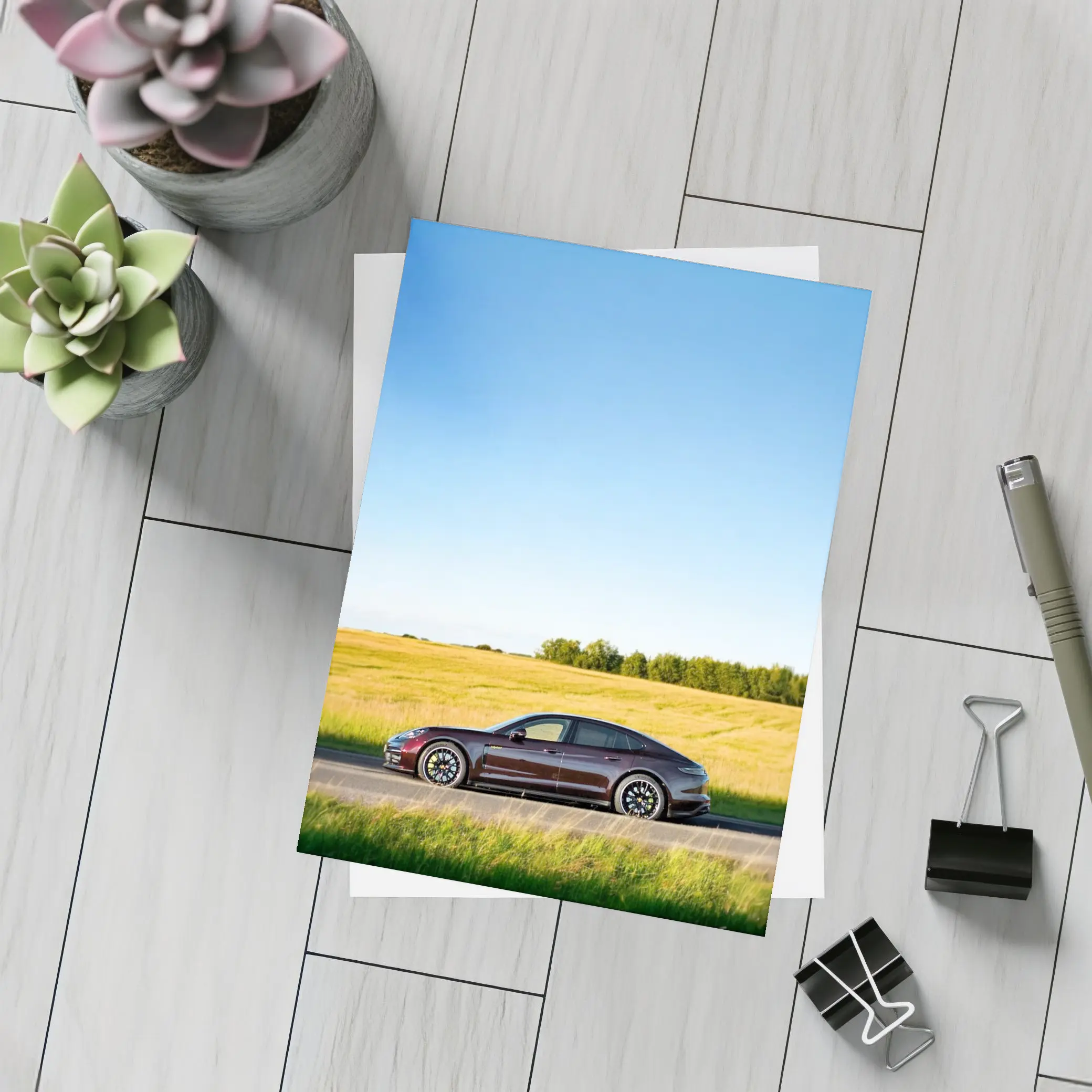 Porsche Taycan Dark Red Open Road Fields – Postcards