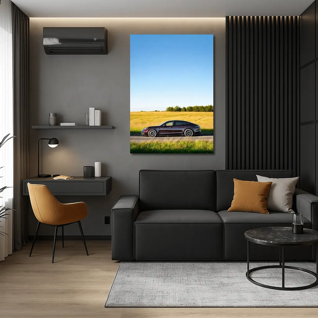 Porsche Taycan Dark Red Open Road Fields – Wall Art