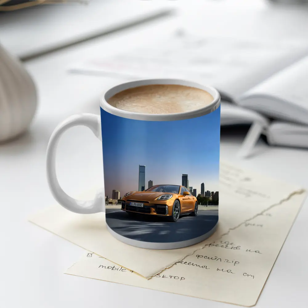 Porsche Panamera Orange City Skyline View – Mugs