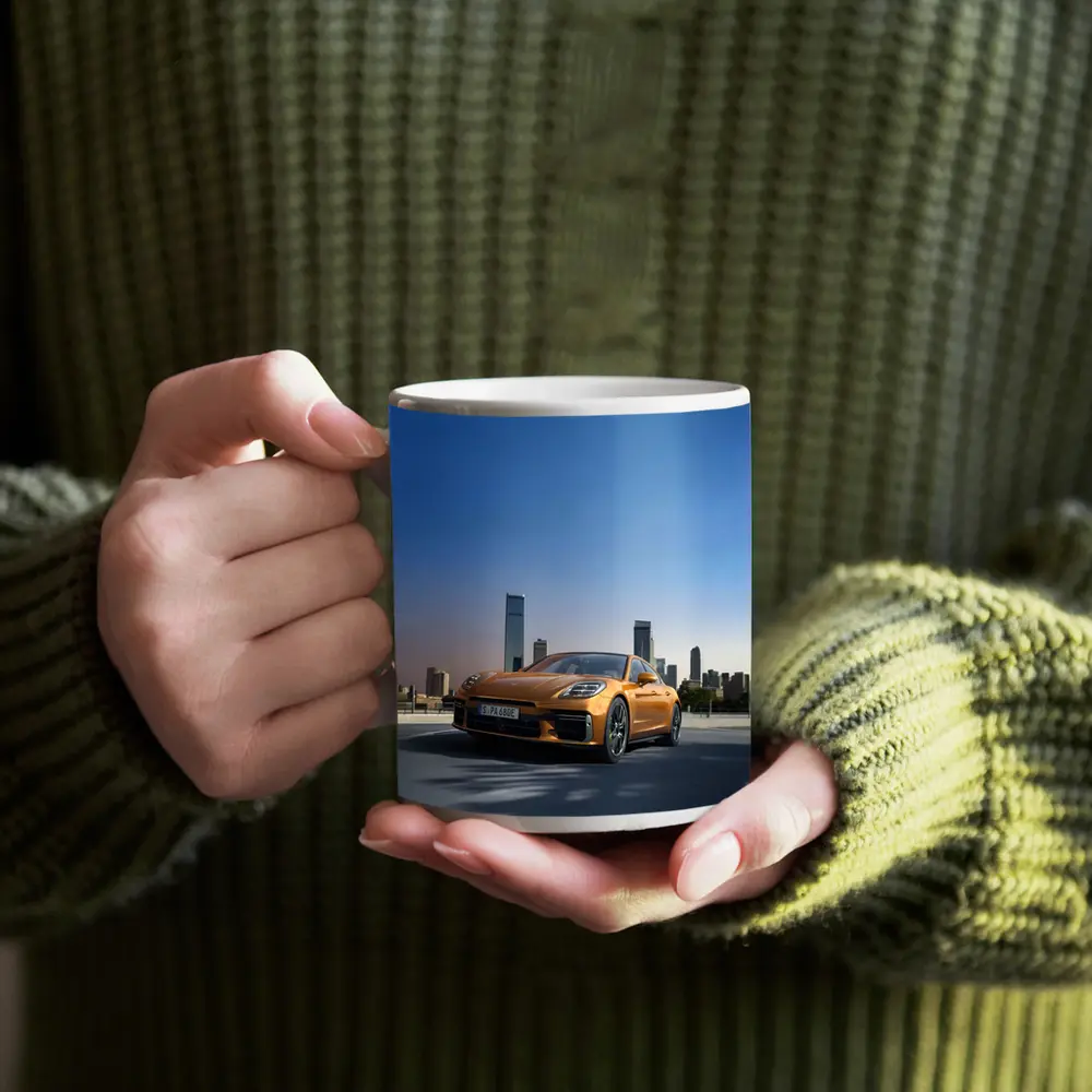 Porsche Panamera Orange City Skyline View – Mugs