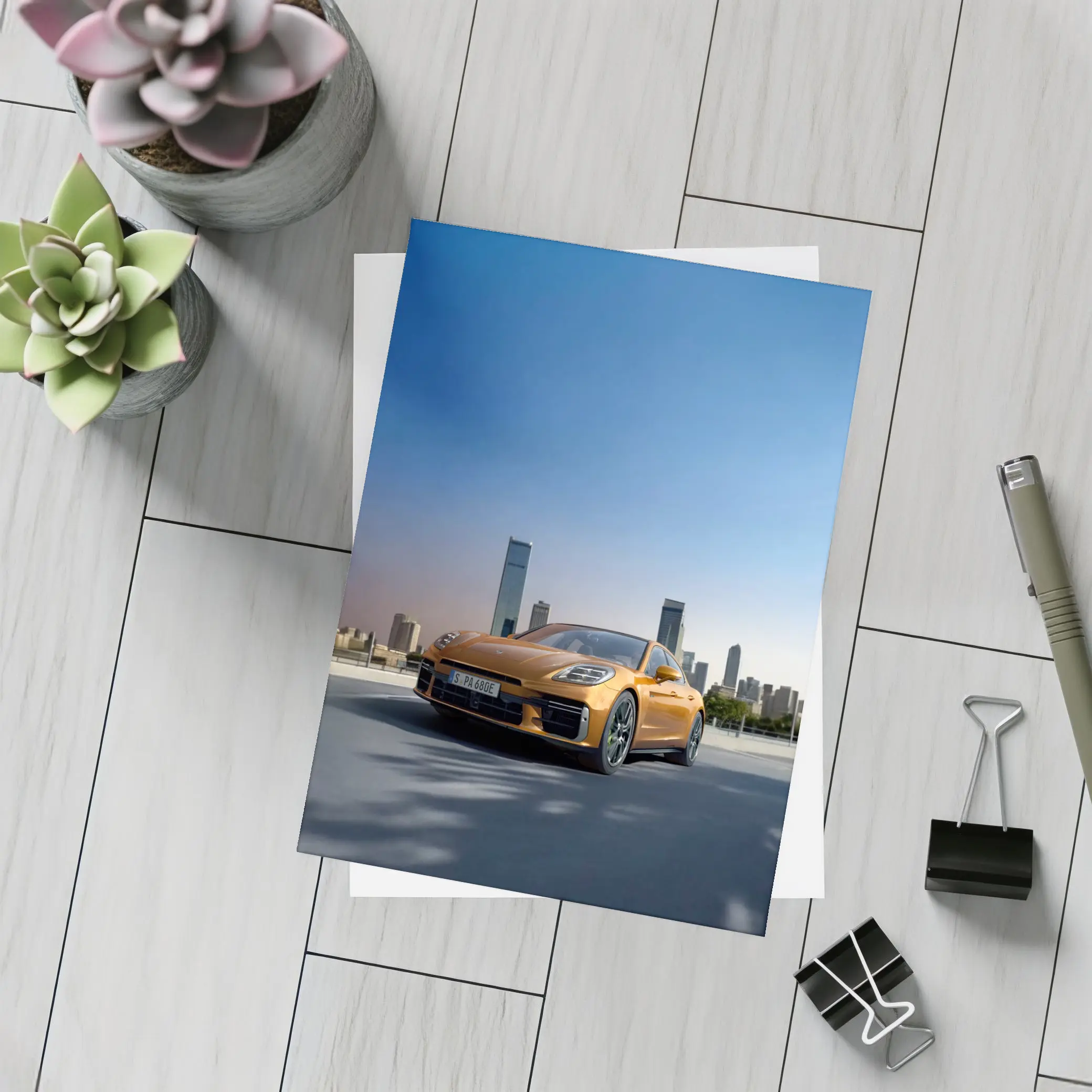 Porsche Panamera Orange City Skyline View – Postcards