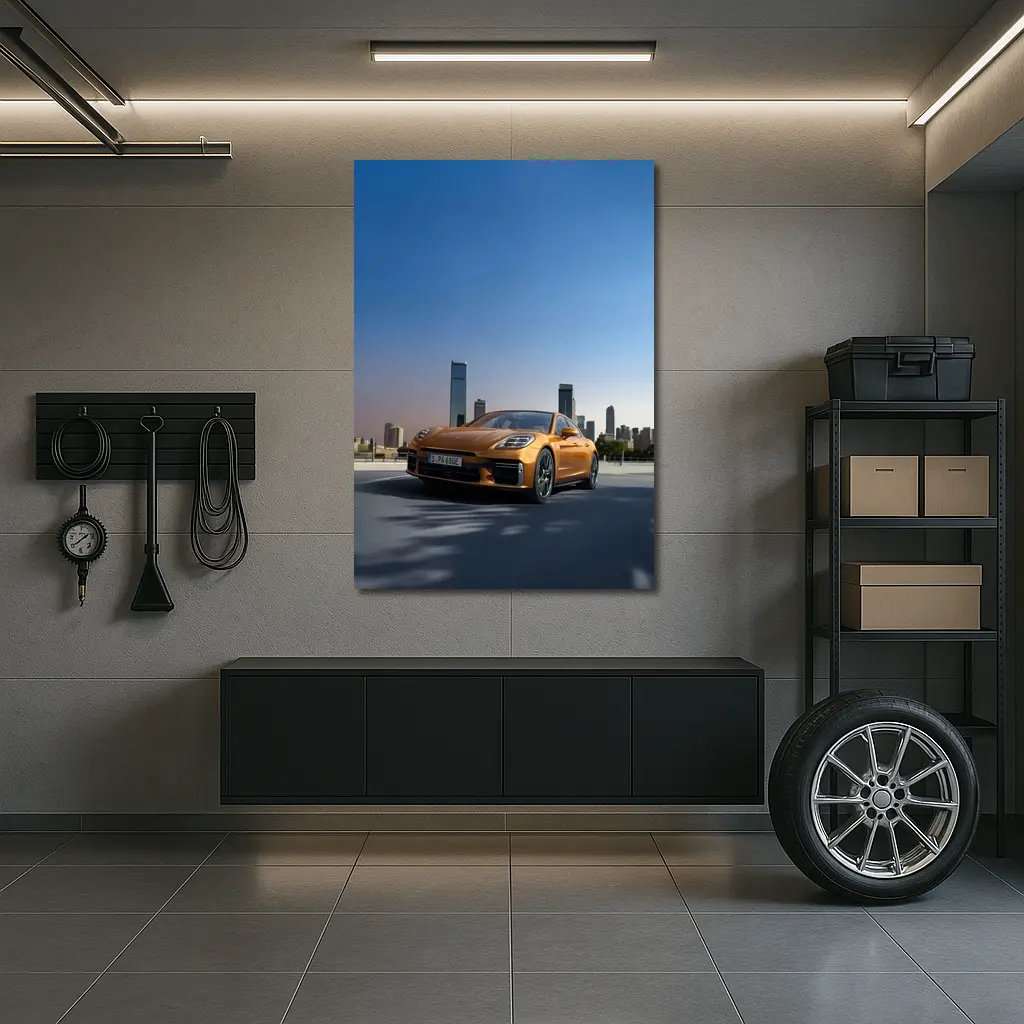 Porsche Panamera Orange City Skyline View – Wall Art