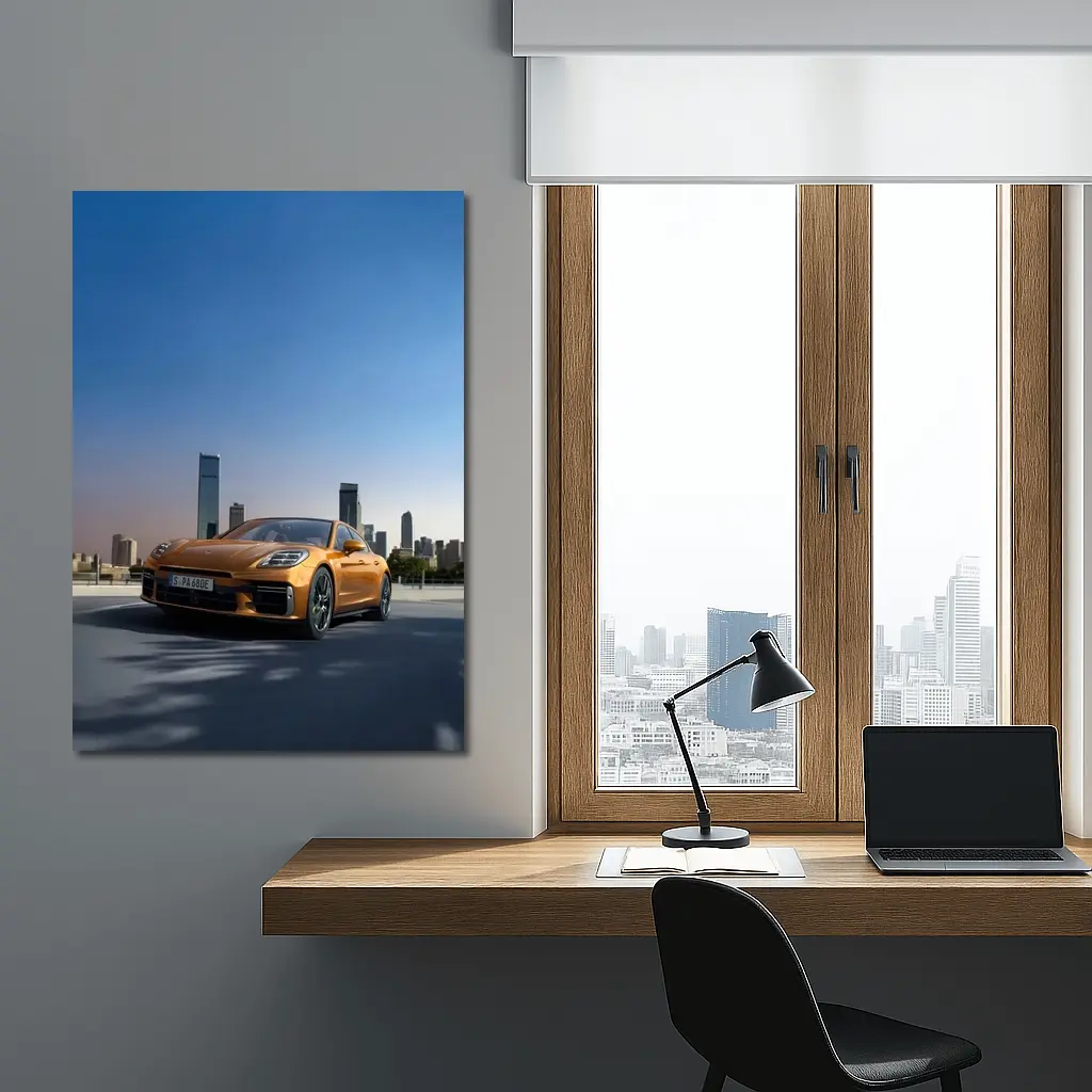 Porsche Panamera Orange City Skyline View – Wall Art