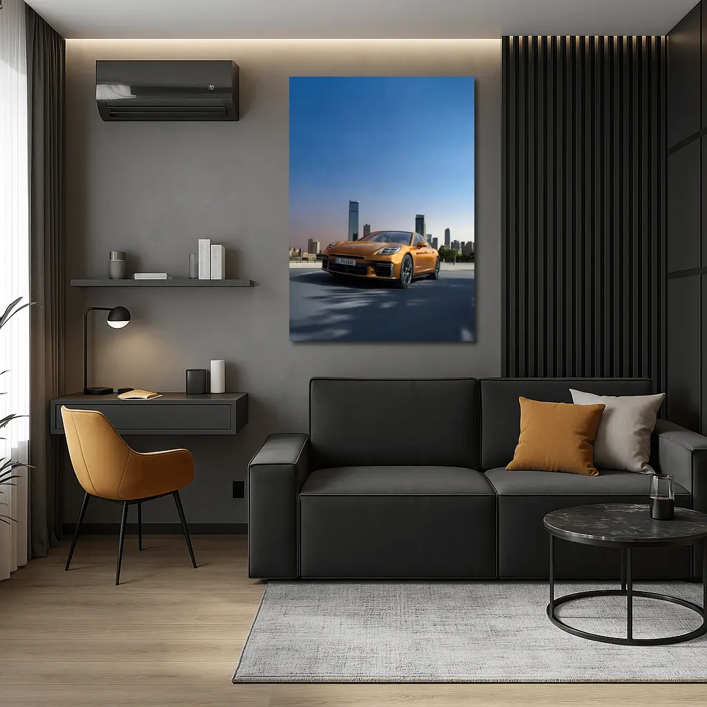 Porsche Panamera Orange City Skyline View – Wall Art