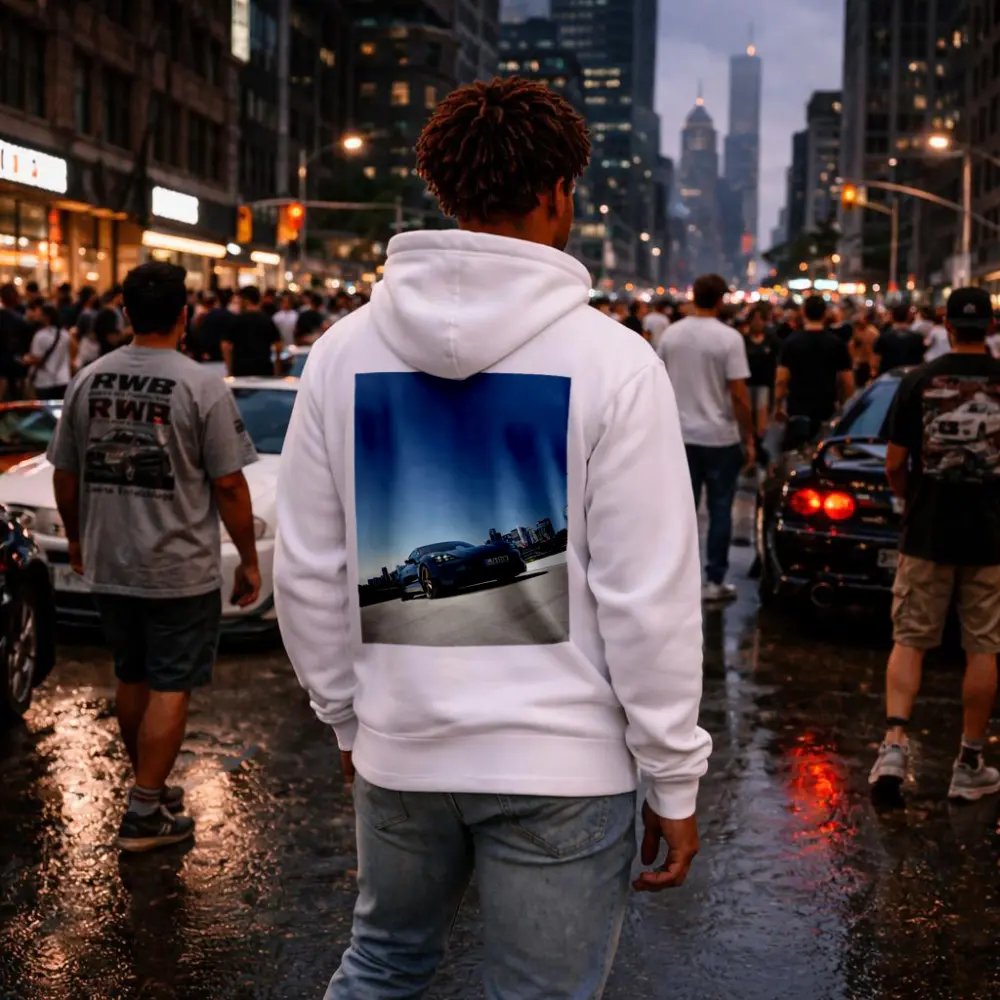 Porsche Taycan Blue City Skyline Drive – Hoodies