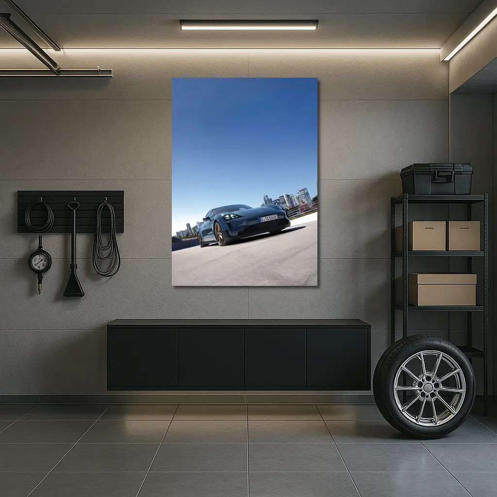Porsche Taycan Blue City Skyline Drive – Wall Art