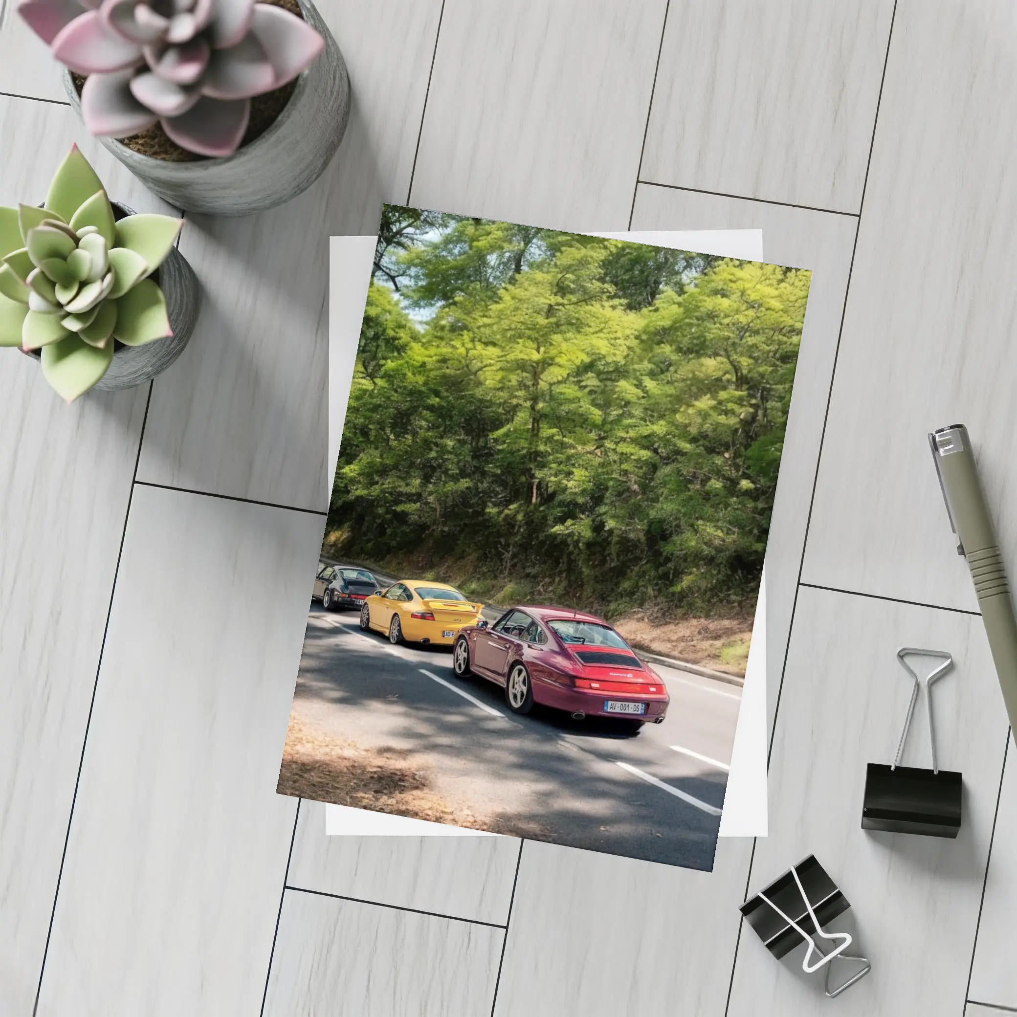 Porsche 911 Cars On Tree Lined Road – Postcards