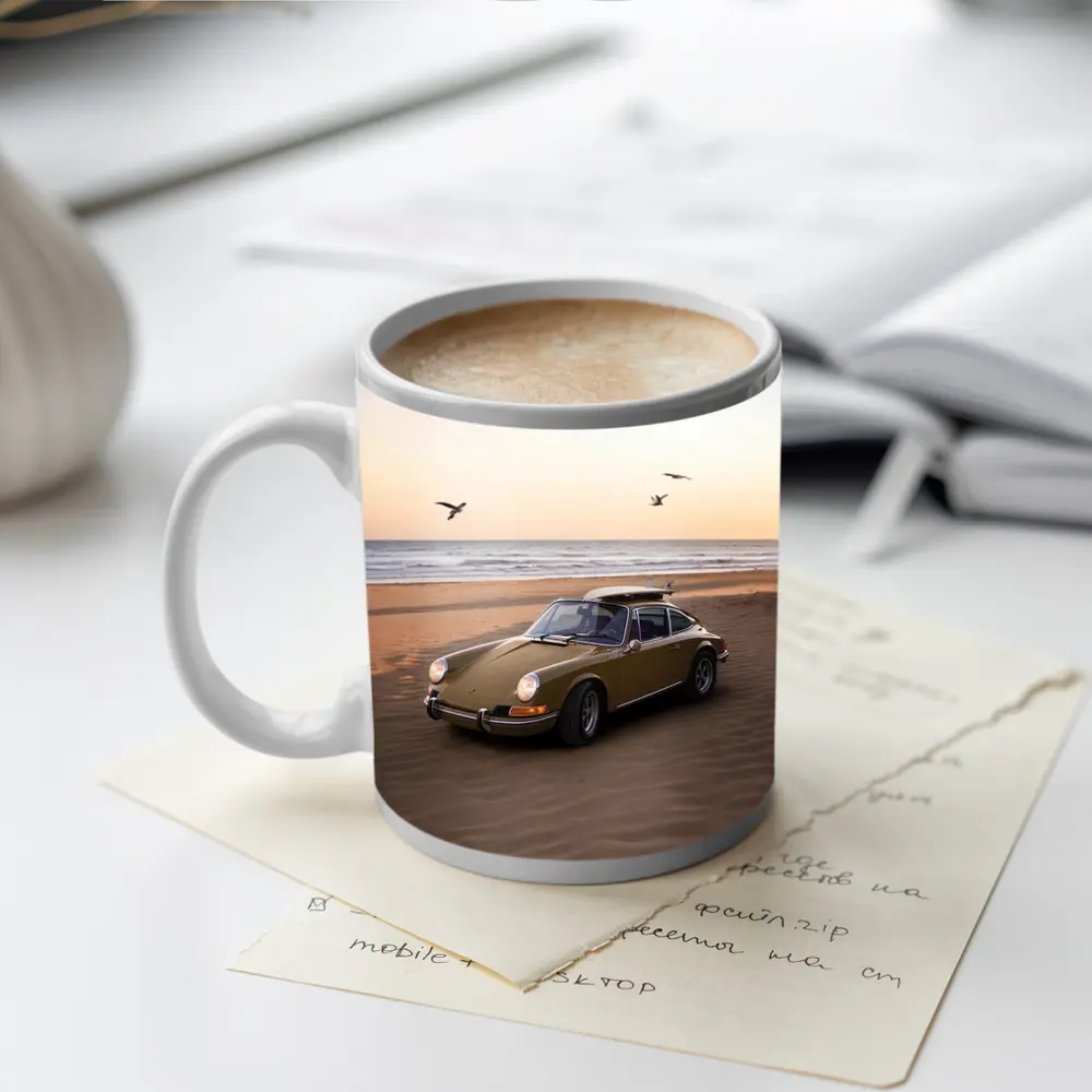 Porsche 911 Classic Olive Green Beach Sunset – Mugs