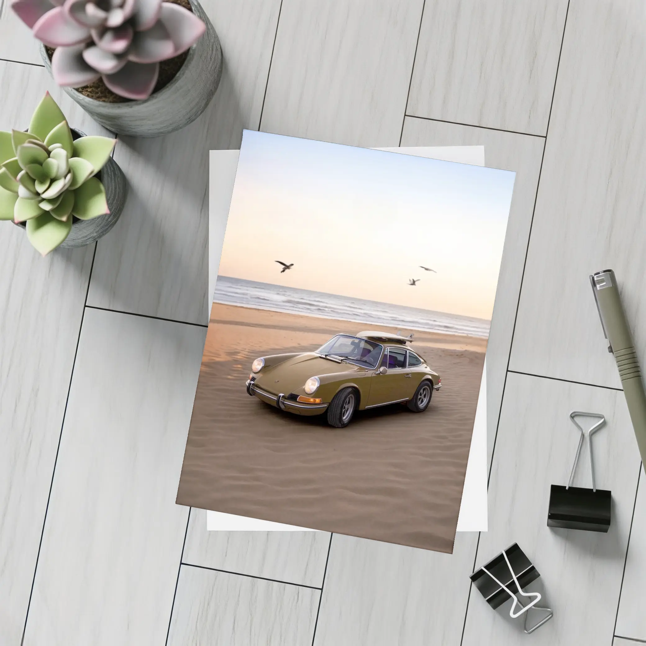 Porsche 911 Classic Olive Green Beach Sunset – Postcards