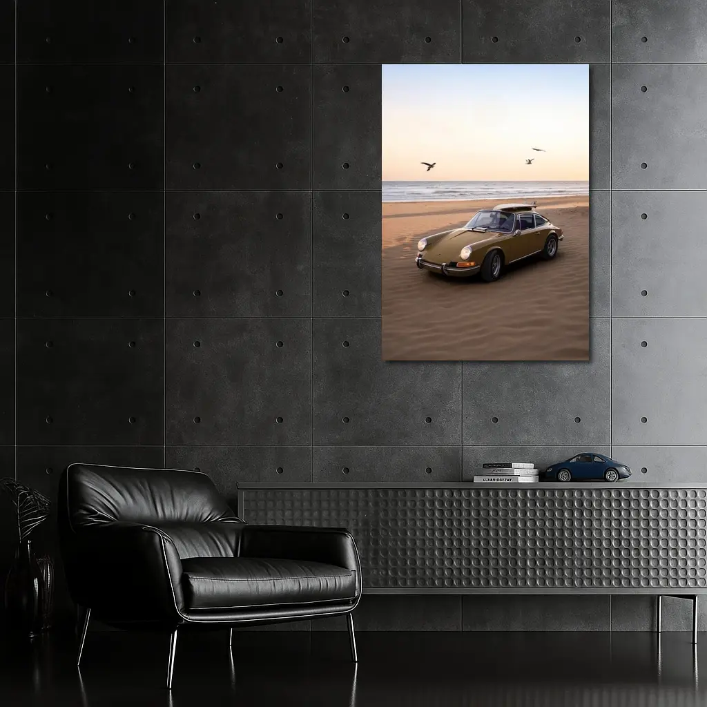 Porsche 911 Classic Olive Green Beach Sunset – Wall Art