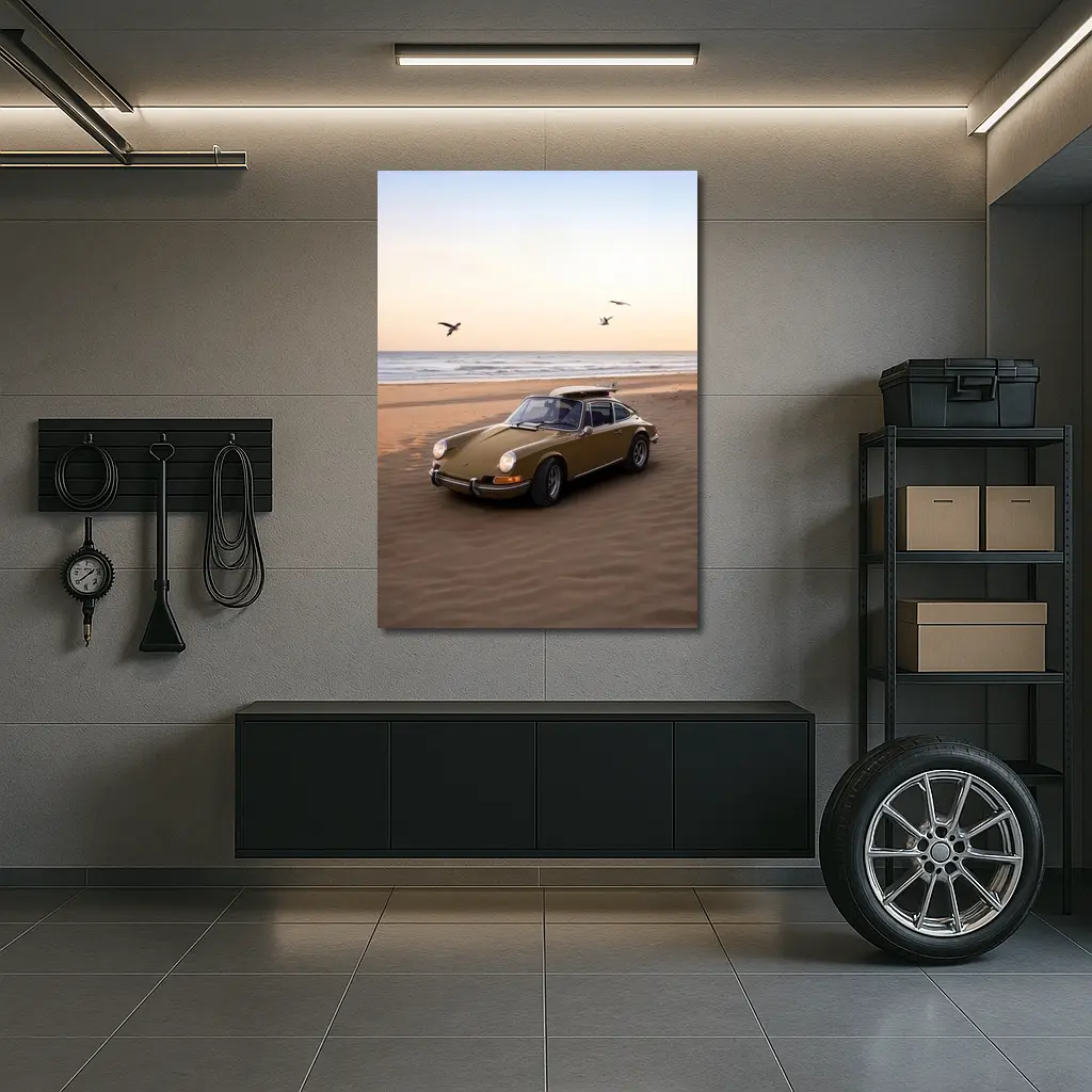 Porsche 911 Classic Olive Green Beach Sunset – Wall Art