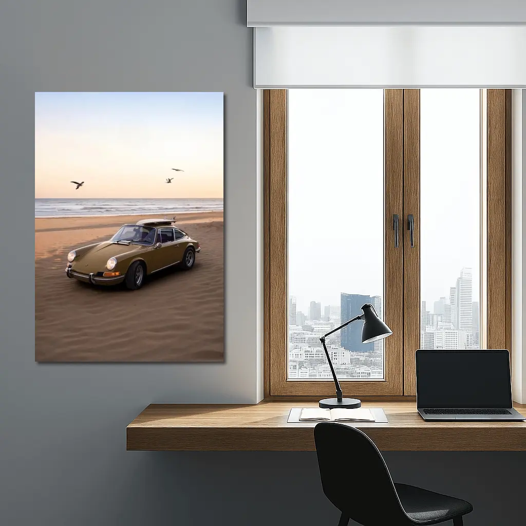 Porsche 911 Classic Olive Green Beach Sunset – Wall Art