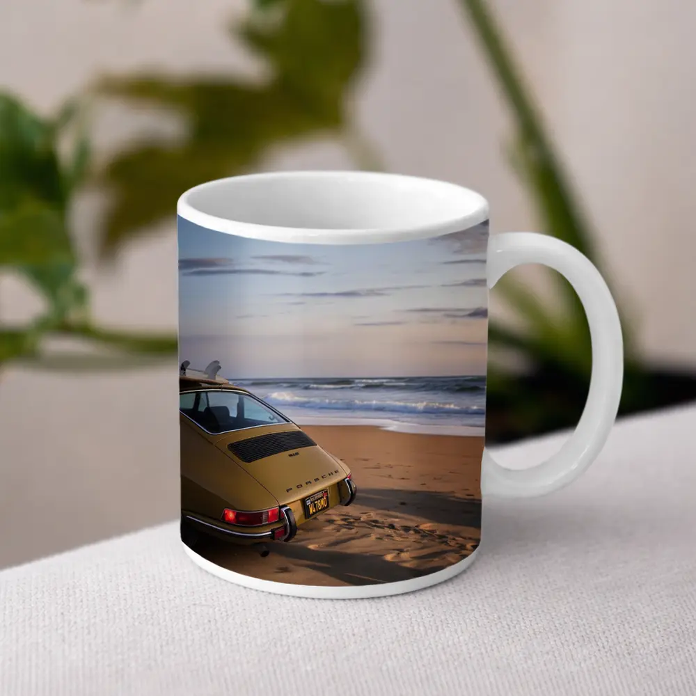 Vintage Porsche 911 Parked On Sandy Beach – Mugs