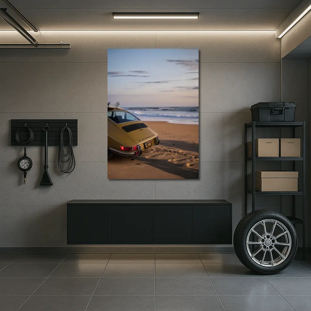 Vintage Porsche 911 Parked On Sandy Beach – Wall Art