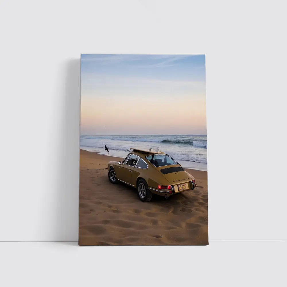 Porsche 911 Classic Gold Car Beach Sunset – Wall Art