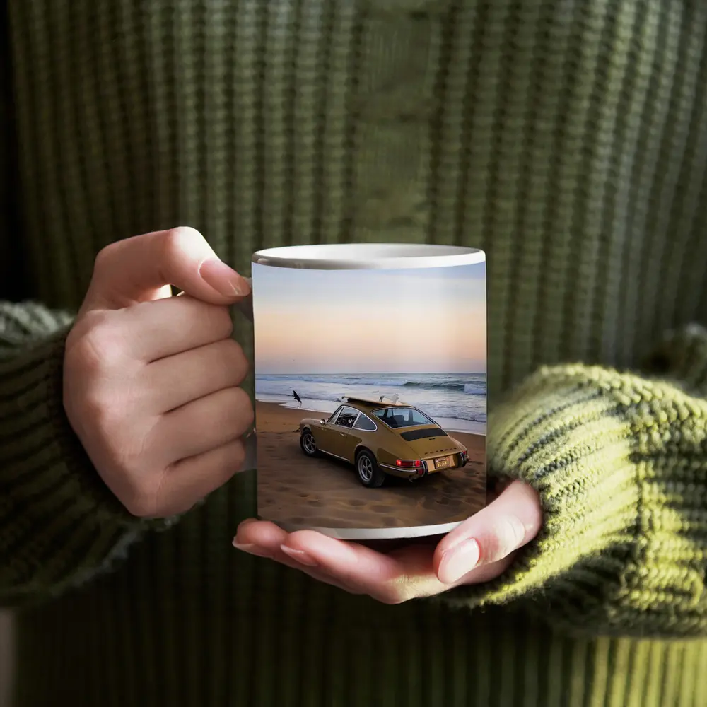 Porsche 911 Classic Gold Car Beach Sunset – Mugs