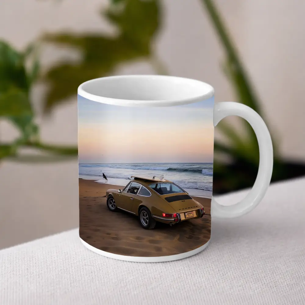 Porsche 911 Classic Gold Car Beach Sunset – Mugs