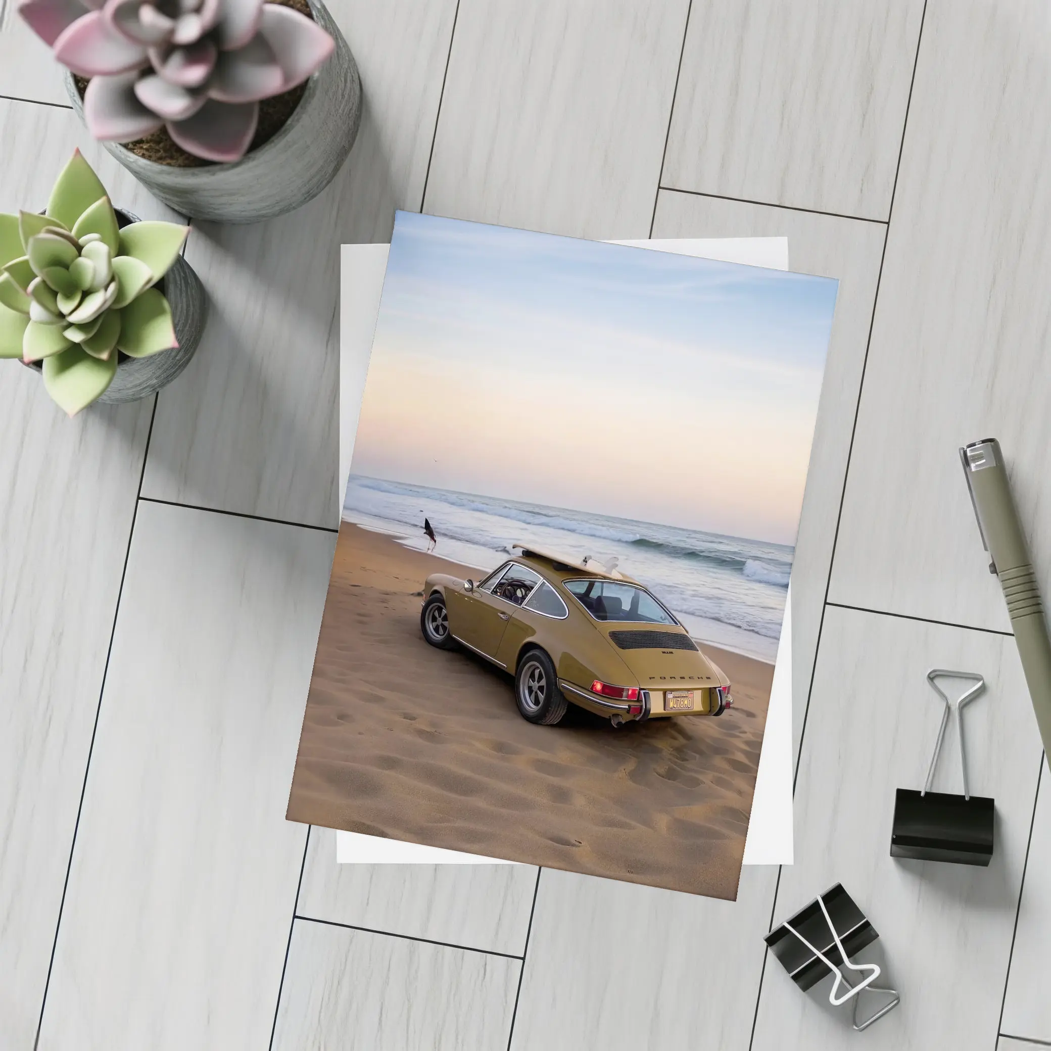 Porsche 911 Classic Gold Car Beach Sunset – Postcards