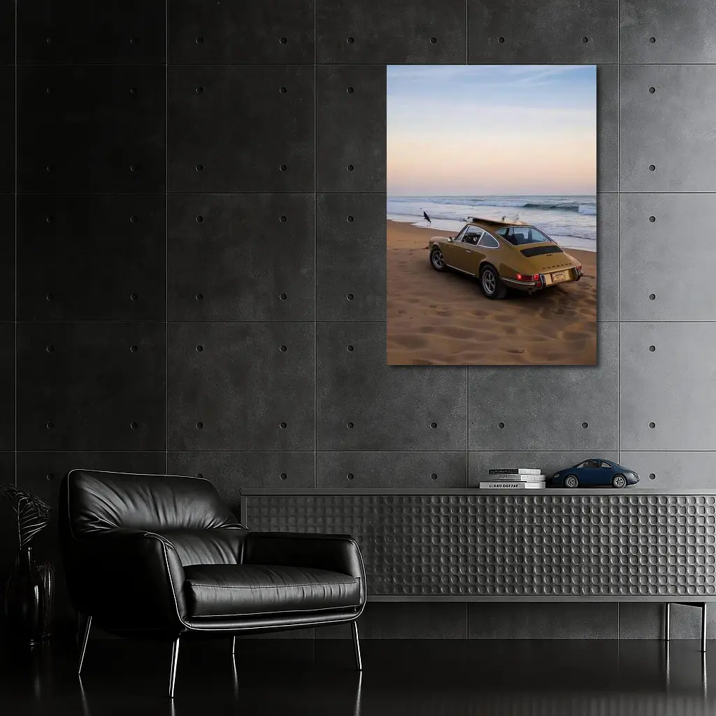 Porsche 911 Classic Gold Car Beach Sunset – Wall Art