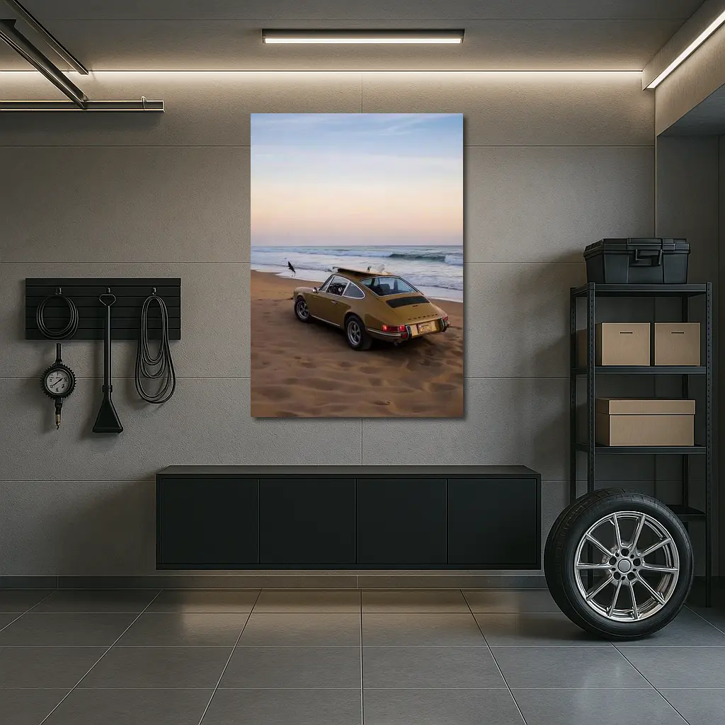 Porsche 911 Classic Gold Car Beach Sunset – Wall Art