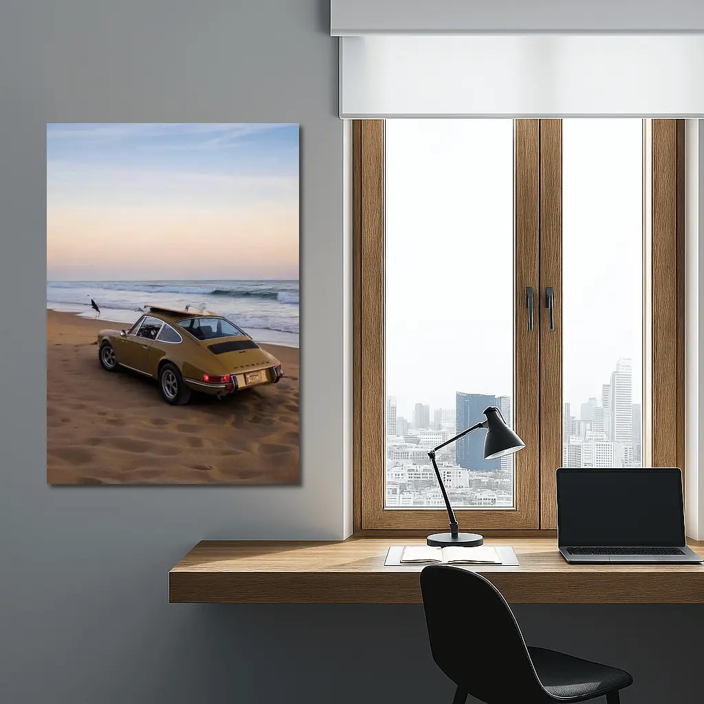 Porsche 911 Classic Gold Car Beach Sunset – Wall Art