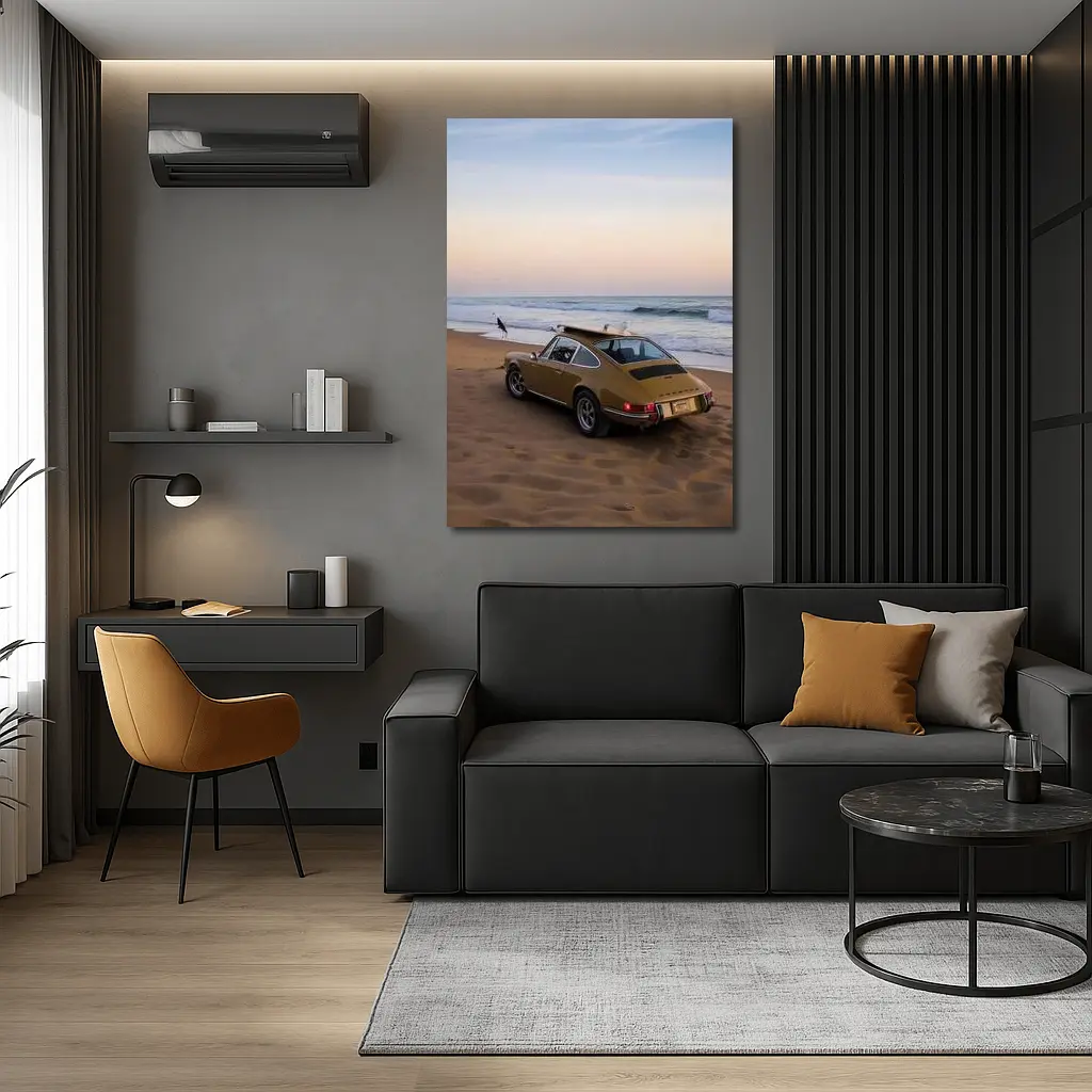 Porsche 911 Classic Gold Car Beach Sunset – Wall Art