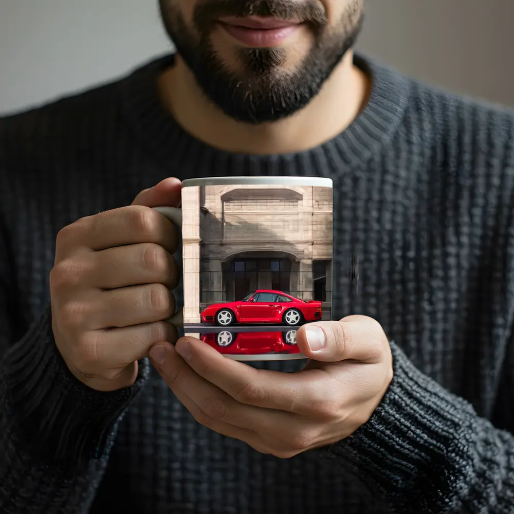 Porsche 959 Red Classic Against Stone Building – Mugs