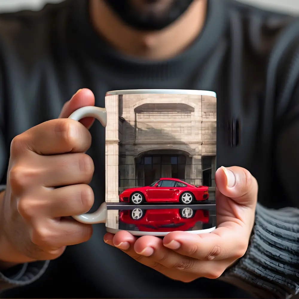 Porsche 959 Red Classic Against Stone Building – Mugs