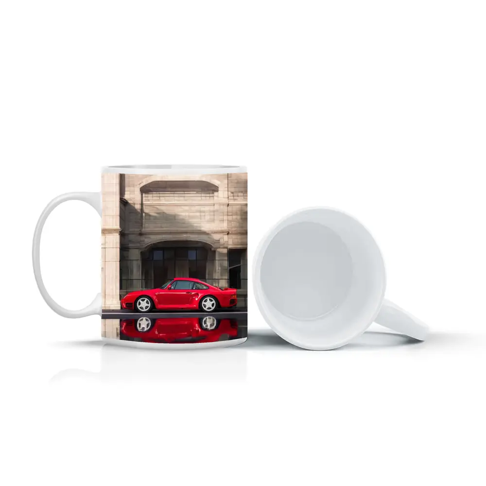 Porsche 959 Red Classic Against Stone Building – Mugs