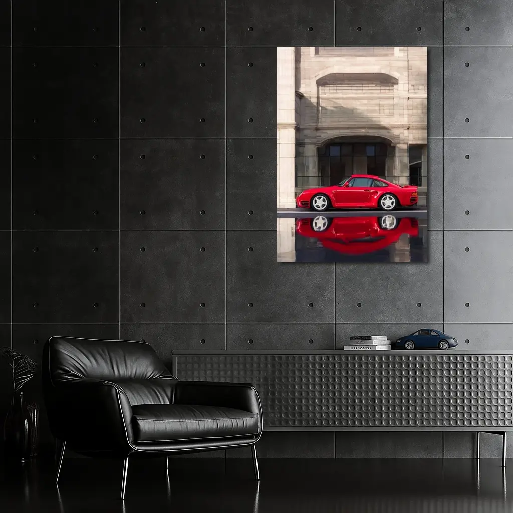 Porsche 959 Red Classic Against Stone Building – Wall Art