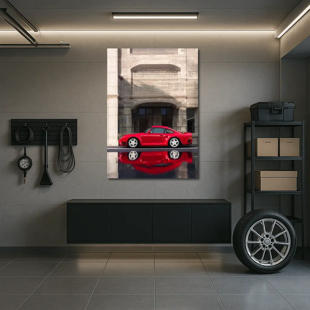 Porsche 959 Red Classic Against Stone Building – Wall Art