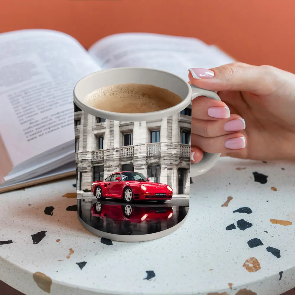 Red Porsche 959 Classic Supercar Urban Setting – Mugs
