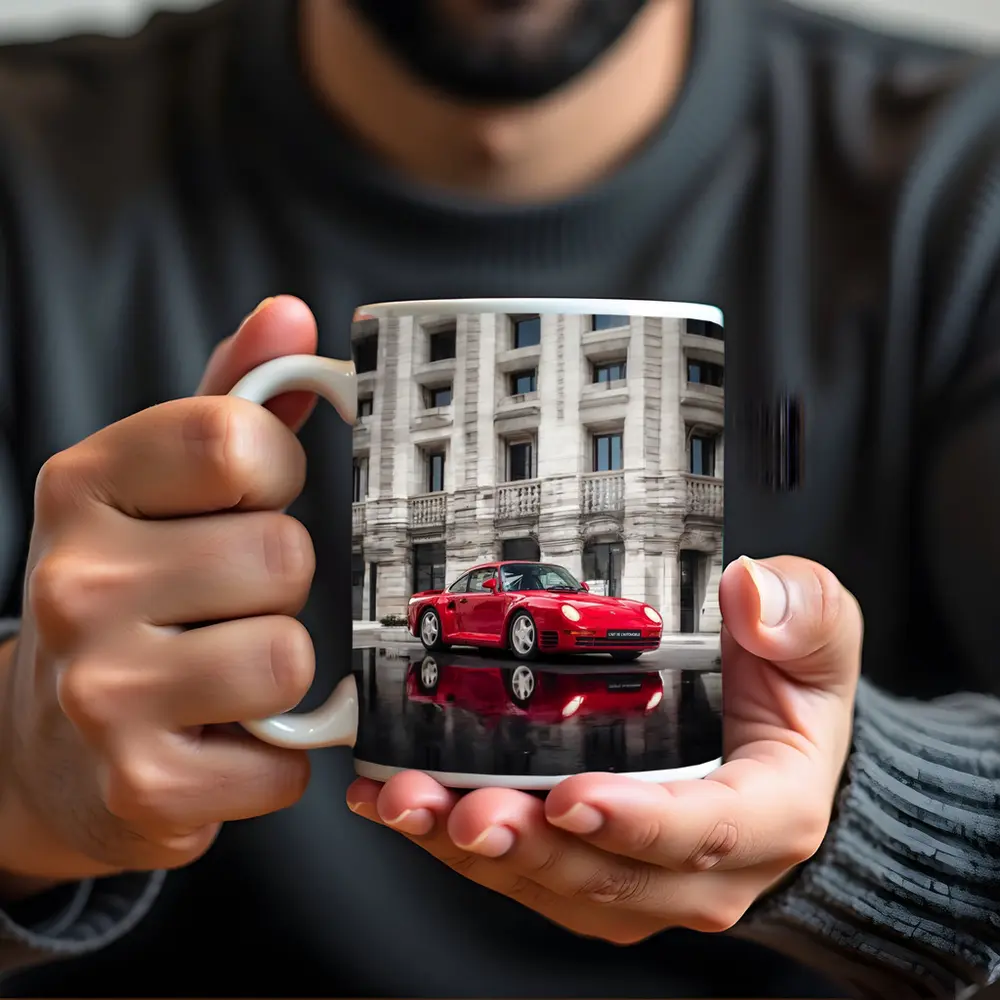 Red Porsche 959 Classic Supercar Urban Setting – Mugs