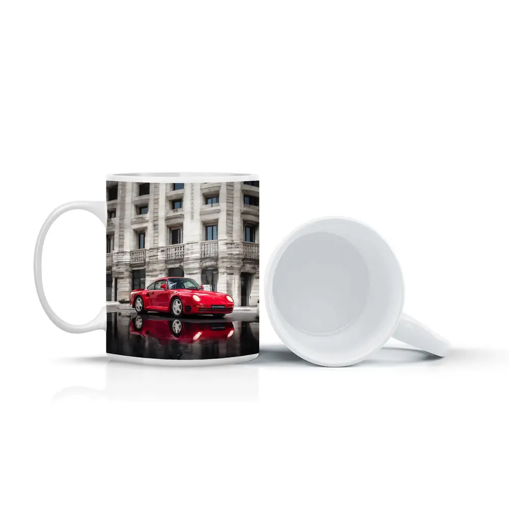 Red Porsche 959 Classic Supercar Urban Setting – Mugs