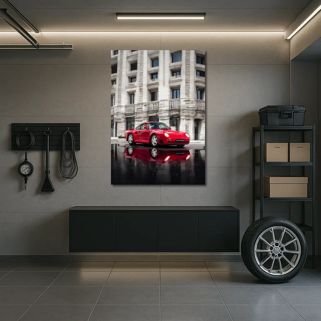 Red Porsche 959 Classic Supercar Urban Setting – Wall Art
