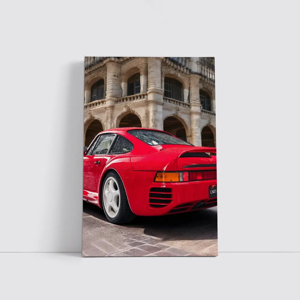 Red Porsche 959 Classic European Architecture Background – Wall Art