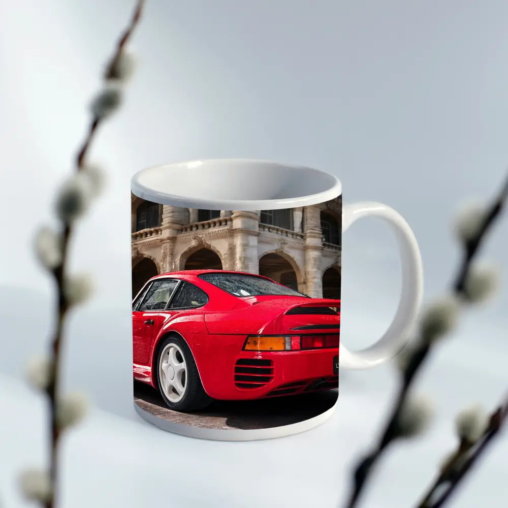 Red Porsche 959 Classic European Architecture Background – Mugs