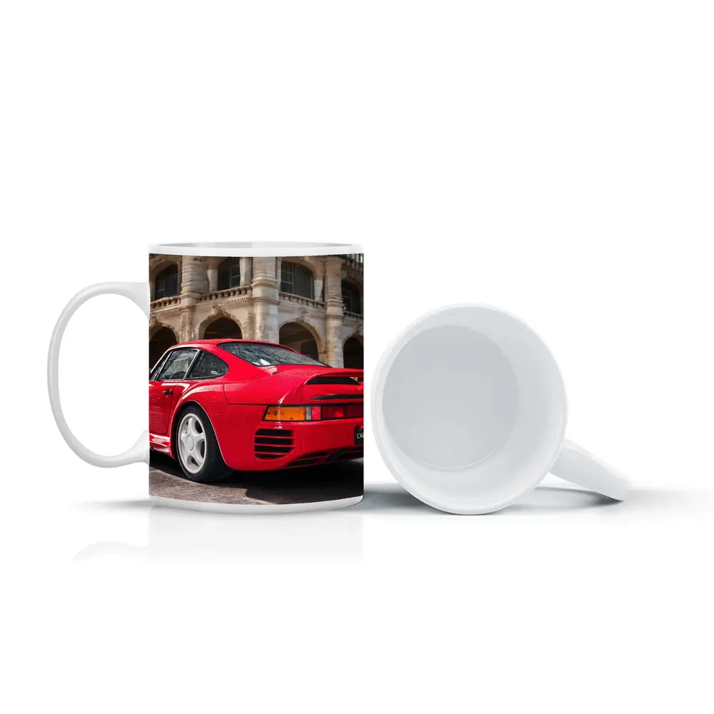 Red Porsche 959 Classic European Architecture Background – Mugs