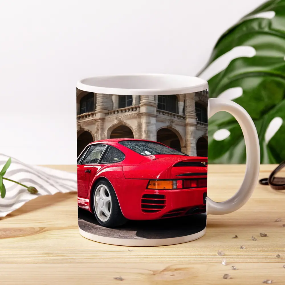 Red Porsche 959 Classic European Architecture Background – Mugs