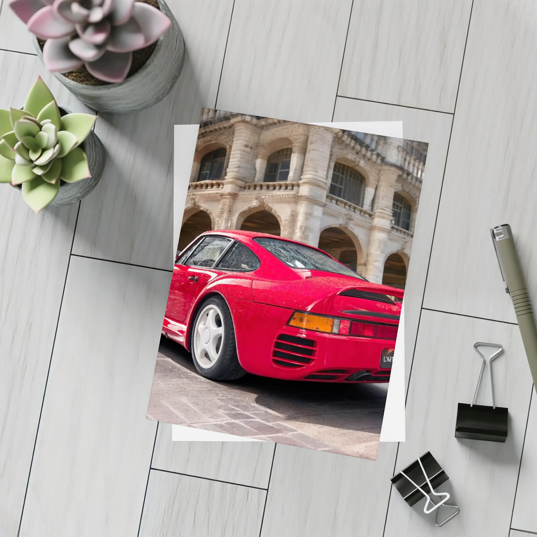 Red Porsche 959 Classic European Architecture Background – Postcards