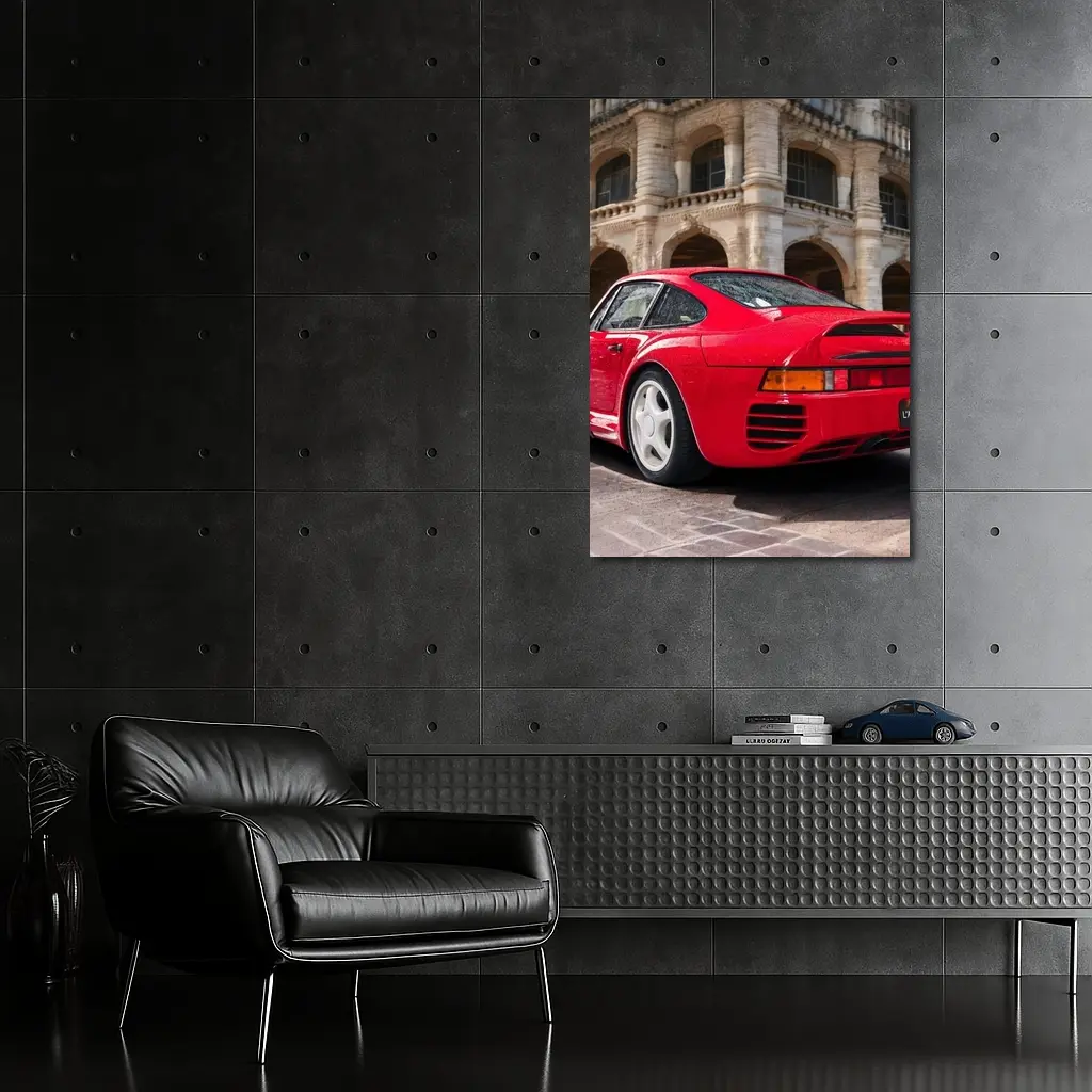 Red Porsche 959 Classic European Architecture Background – Wall Art