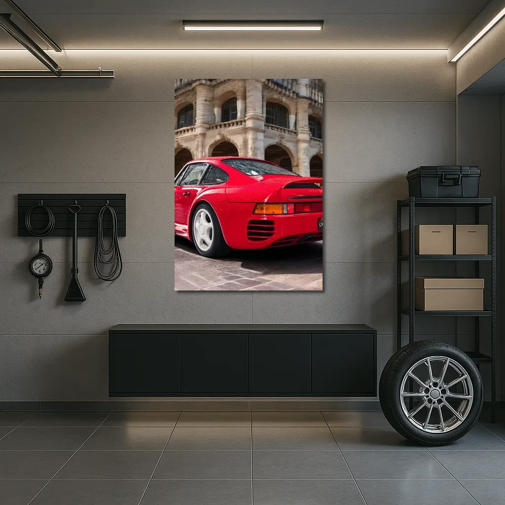 Red Porsche 959 Classic European Architecture Background – Wall Art