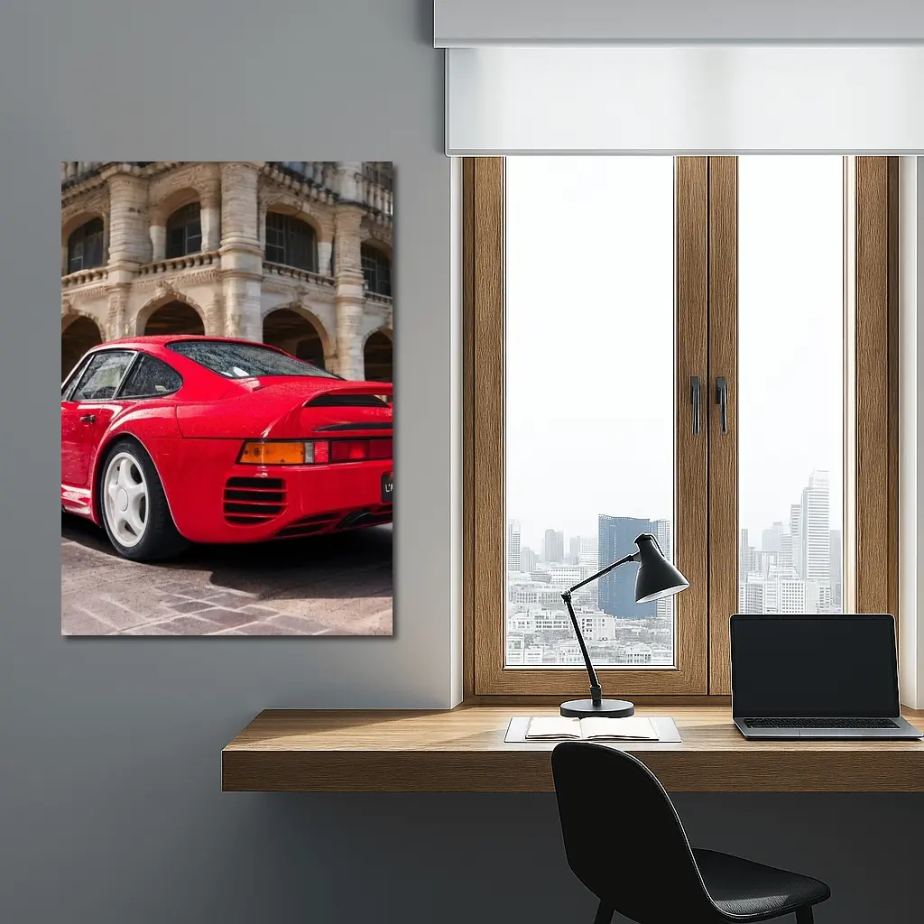 Red Porsche 959 Classic European Architecture Background – Wall Art