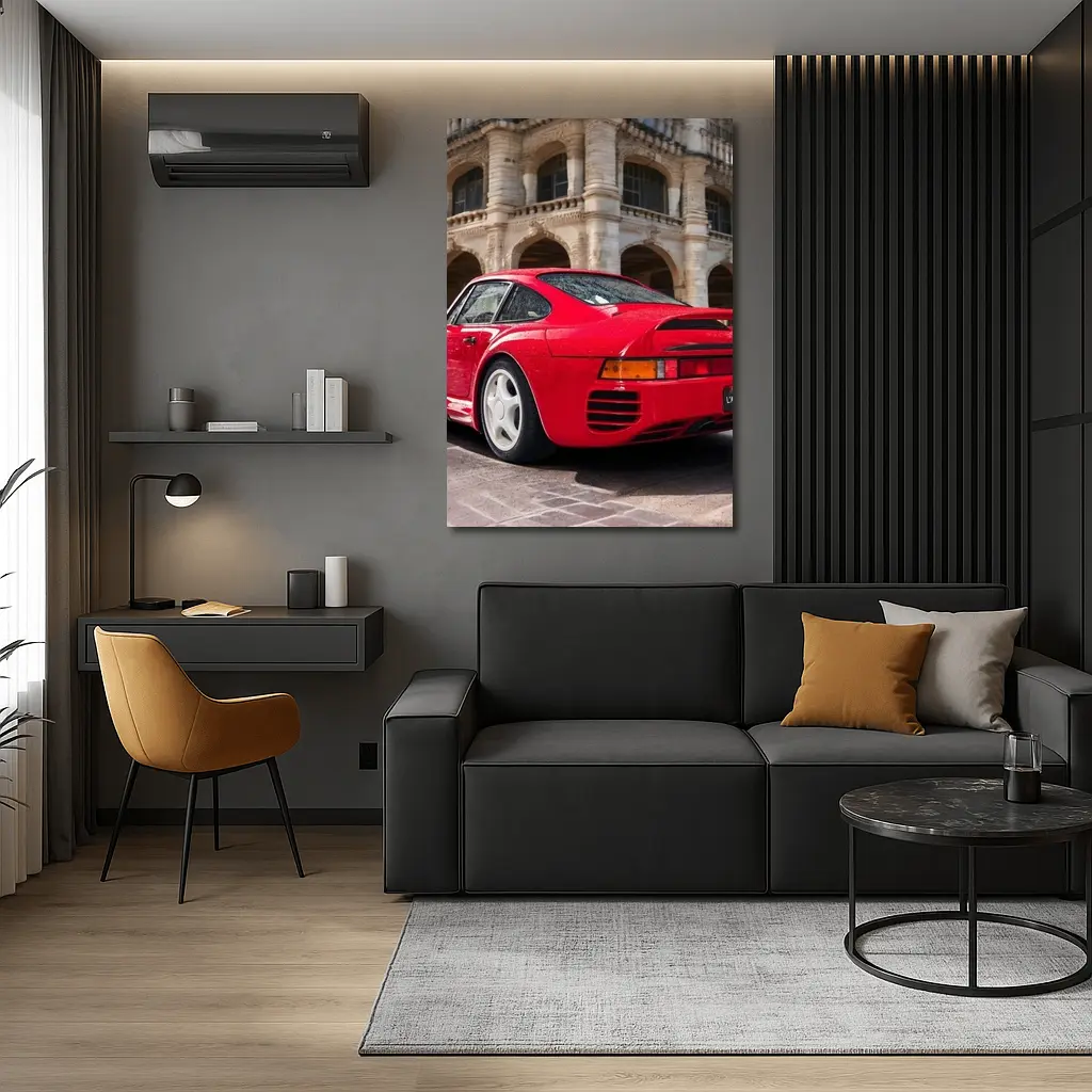 Red Porsche 959 Classic European Architecture Background – Wall Art