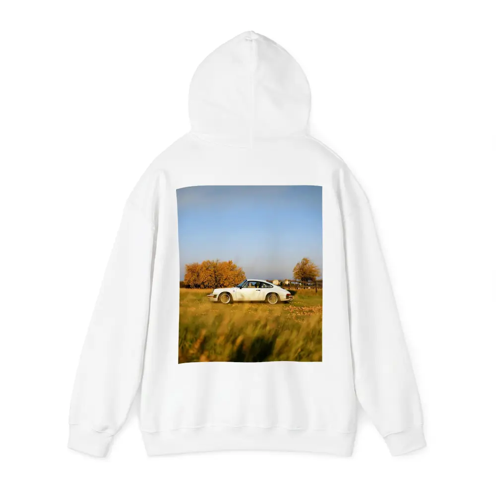 White Porsche 911 Parked in Autumn Field – Hoodies
