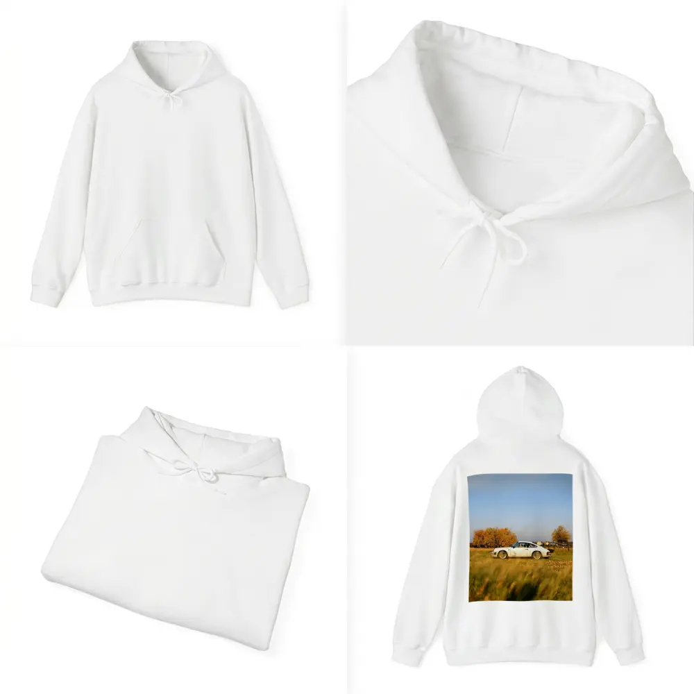 White Porsche 911 Parked in Autumn Field – Hoodies