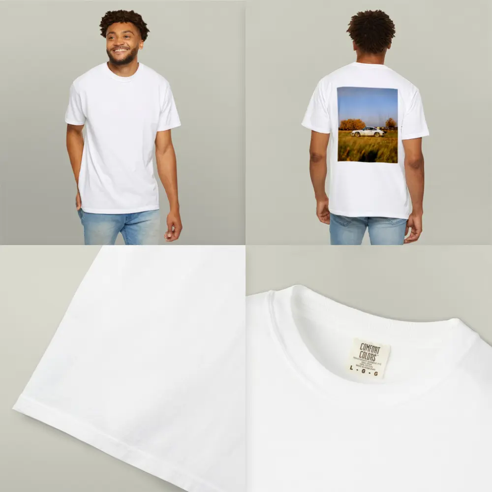 White Porsche 911 Parked in Autumn Field – T-Shirts