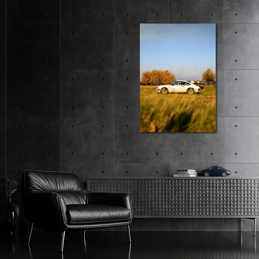 White Porsche 911 Parked in Autumn Field – Wall Art
